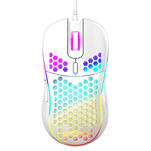Techsea Lightweight Honeycomb Wired Gaming Mouse with RGB, 7200 DPI & Ergonomic Design for PC & Laptop Gamers - Ceramic White