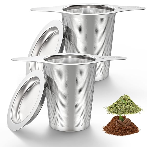 IPOW 2 Pack Extra Fine Mesh Coffee Filter with Coaster Lid and Double-sided Handle Food-grade Stainless Steel Tea Infuser for Loose Tea - Image 2