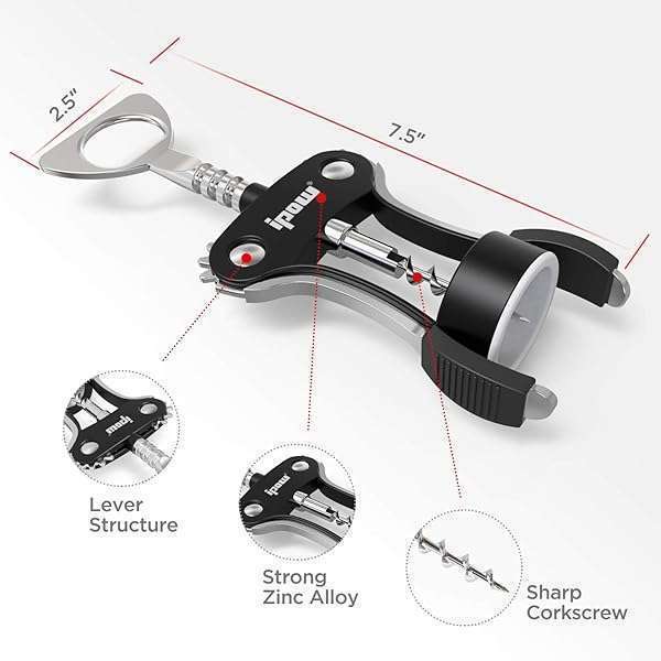 IPOW Premium Wing Corkscrew: Heavy-Duty Zinc Alloy Wine Opener for Waiters - Manual Multifunctional Tool in Black - Image 7