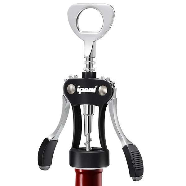 IPOW Premium Wing Corkscrew: Heavy-Duty Zinc Alloy Wine Opener for Waiters - Manual Multifunctional Tool in Black - Image 2