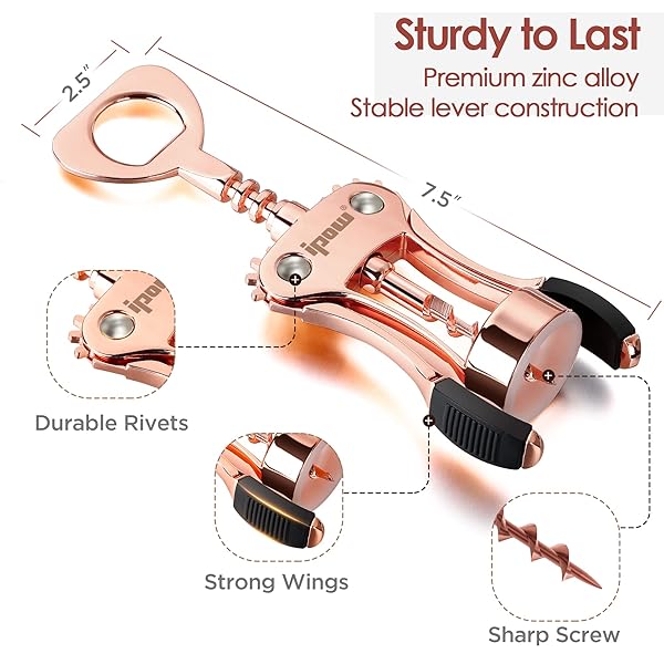 IPOW Wine Opener, Zinc Alloy Wine Bottle Opener, Wing Corkscrew Heavy Duty, Manual Multifunctional Cork Screw for Waiter,Rose Gold - Image 6
