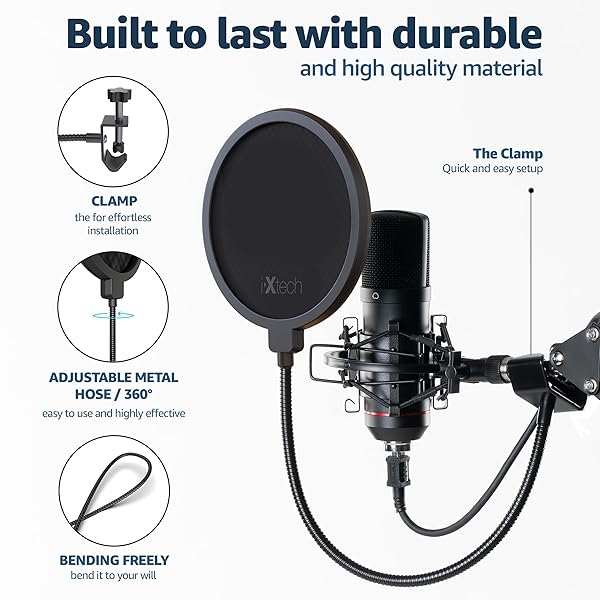 IXTECH Pop Filter for Mic Microphone, Blue Yeti Mic Pop Filter Dual Layered Wind Pop Screen with a Flexible 360 Degree Gooseneck Clip Stabilizing. - Image 5