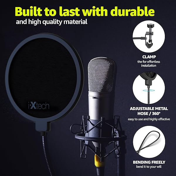 IXTECH Pop Filter for Mic Microphone, Blue Yeti Mic Pop Filter Dual Layered Wind Pop Screen with a Flexible 360 Degree Gooseneck Clip Stabilizing. - Image 6