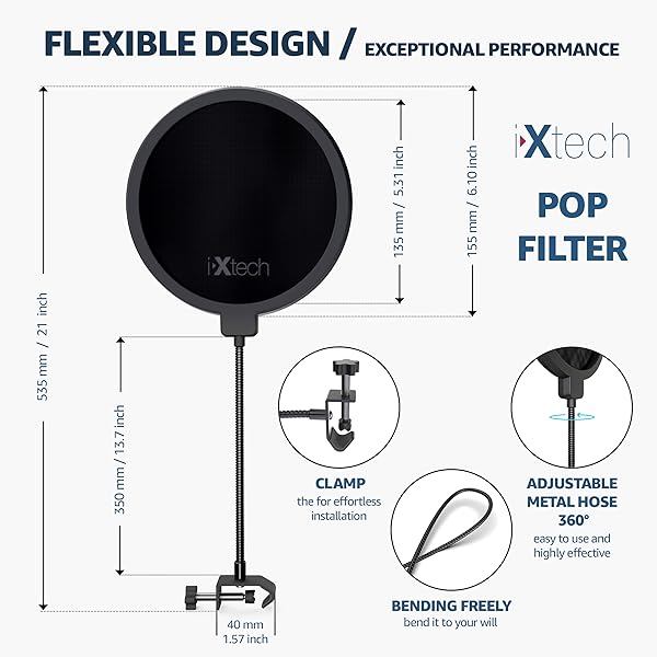 IXTECH Pop Filter for Mic Pop Filter for Blue Yeti Microphone Pop Filter Mic Pop Filter Dual Layered Sound Shield Guard Windscreen with a Flexible - Image 2