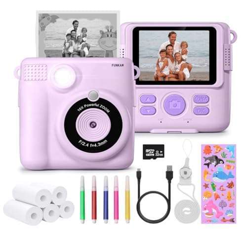 FUNKAM Instant Print Camera for Kids - 1080P HD, 32GB Card, Stickers & More - Perfect Gift for Ages 3-14 (Purple)