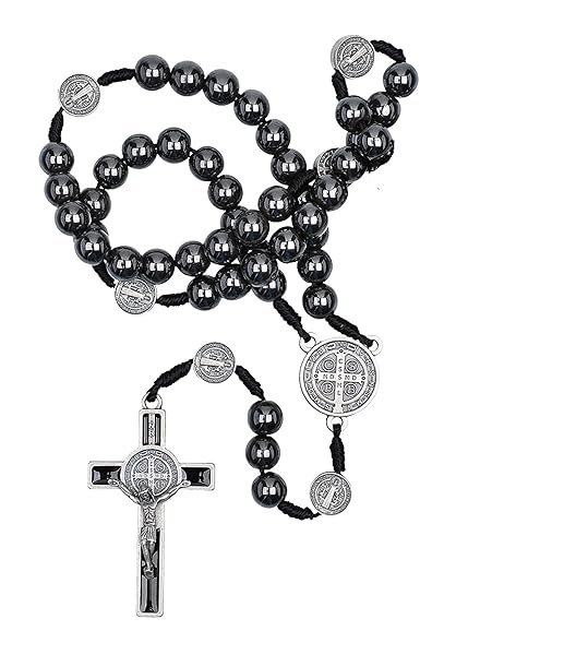 Intercession Hematite Rosary with St. Benedict - 8mm Beads on Cord, Handmade in Brazil