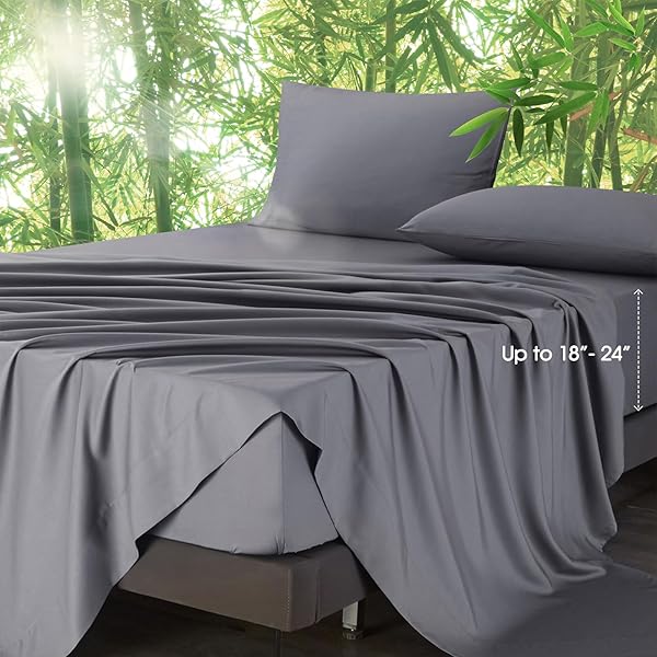 Ivellow Deep Pocket King Sheets Rayon Bamboo Extra Deep Pocket Luxury Cooling Silky Soft Breathable Grey Bed Sheets for King Size Bed