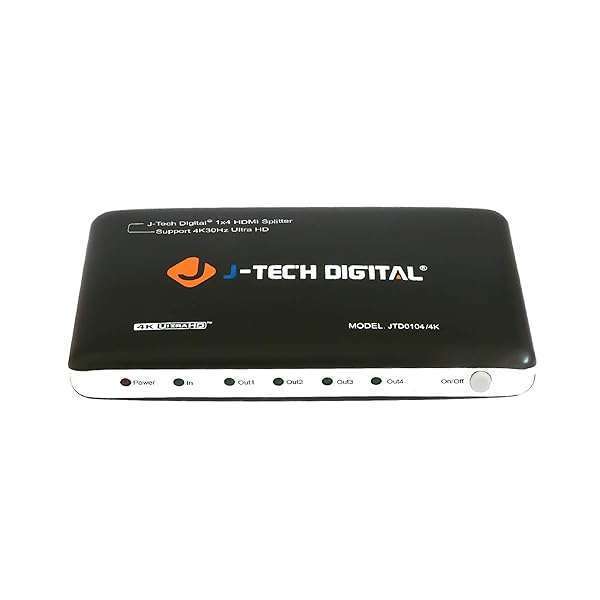 J-Tech Digital J-Tech Digital JTD0104 4K HDMI Splitter: 4 Ports, Ultra HD 3840x2160, 3D Support - Advanced Powered Solution