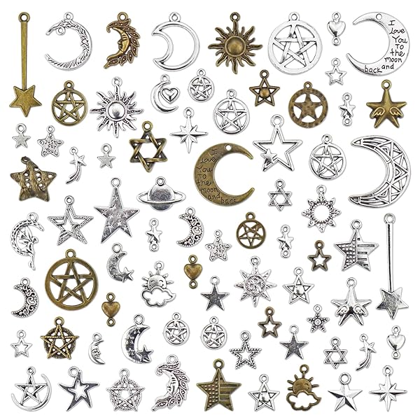JIALEEY JIALEEY Celestial Charms: Wholesale Sun Moon Star Pendants for DIY Jewelry Making - 74PCS Antique Alloy in 100g Bulk