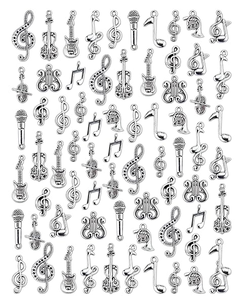 JIALEEY 70PCS Music Charms Multistyle Musical Instrument Notes Pendants for DIY Jewelry Making Necklace Bracelet Earrings Crafting Antique Silver