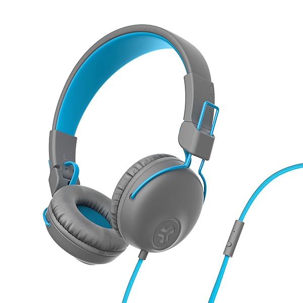 JLab Studio On-Ear Headphones: Tangle-Free, Ultra-Plush, 40mm Drivers - Gray/Blue Comfort & Quality Sound