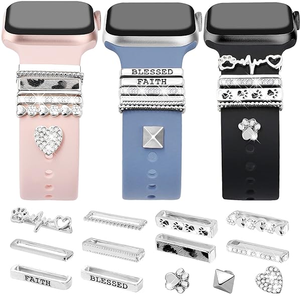 JR.DM 13 Pieces Sliver Watch Band Charms with 10-Pcs Decorative Rings Loops and 3-Pcs Decoration, Compatible with Apple Watch Band Metal Diamond