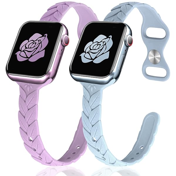 JR.DM 2 Pack Engraved Silicone-Bands Compatible with Apple Watch Band 38mm 40mm 41mm 42mm 44mm 45mm 46mm 49mm, Slim Feminine Fashion Leaf Waterproof
