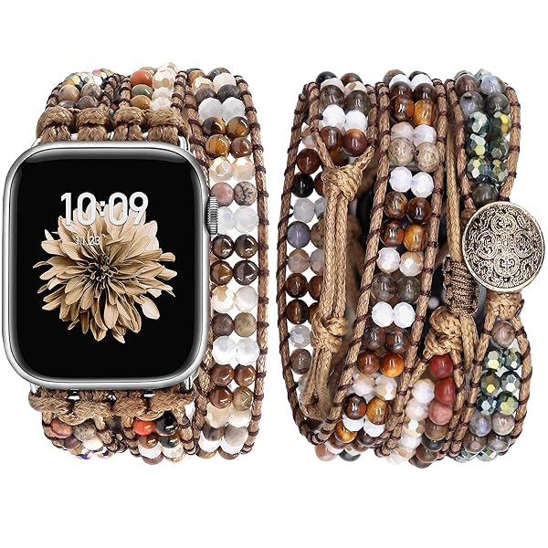 JR.DM Boho Beaded Watch Band Women Compatible with Apple Watch 38mm 40mm 41mm 42mm (S10 11) Brown Stone Bracelet Adjustable Handmade Braided Rope
