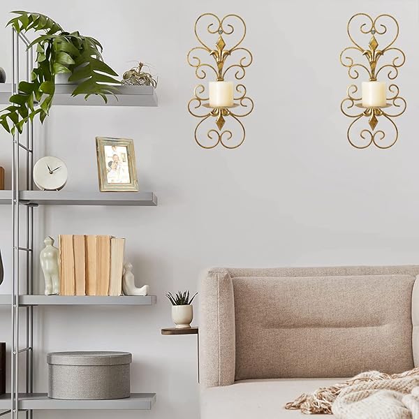 JUCONSIN Set of 2 Antique Gold Wall Sconces - Elegant Metal Candle Holders for Home Decor in Bedroom & Dining Room - Image 7