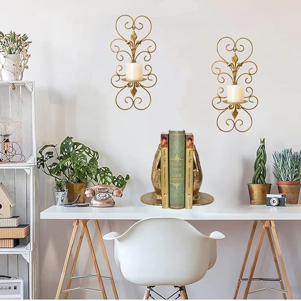 JUCONSIN Set of 2 Antique Gold Wall Sconces - Elegant Metal Candle Holders for Home Decor in Bedroom & Dining Room - Image 8