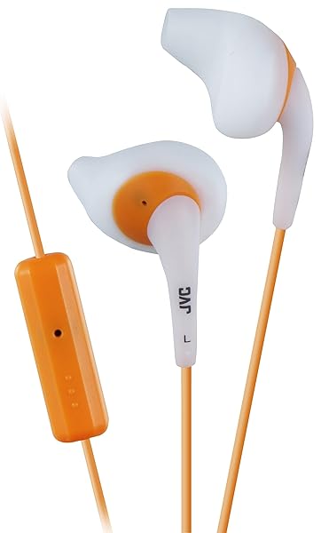 JVC HA-ENR15W White & Orange Sweat-Proof Gumy Sport Earbuds - Secure Comfort Fit with Long Colored Cord