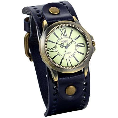 Vintage Leather Strap Wide Band Quartz Wristwatch for Men & Women - Perfect Halloween Accessory in Blue - Image 3