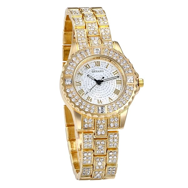 JewelryWe Women Gold Tone Alloy Quartz Watch Stylish Rhinestone Bling Dress Wristwatch