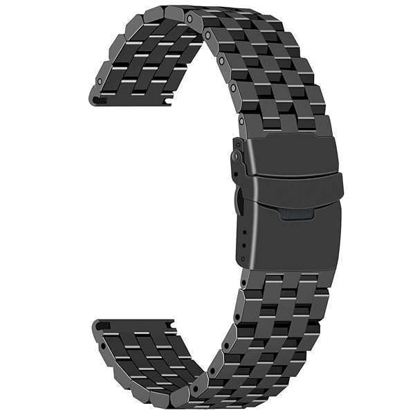 Juntan Juntan 26mm Brushed Stainless Steel Black Watch Band - Durable Metal Strap with Double FlipLock Buckle