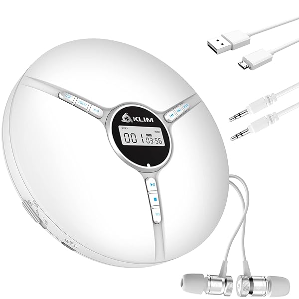 KLIM Discman Portable CD Player with Headphones Built-in Battery Compatible with SD Card CD MP3 WMA 5 EQ Effects White