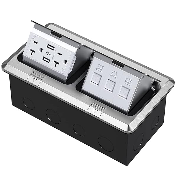 KYHSHJ Dual Pop-Up Floor Electrical Outlet Box Kit?20 Amp Stainless Steel USB TR Receptacle Outlet?3-Port RJ45 Datacom Receptacle?Waterproof Gasket