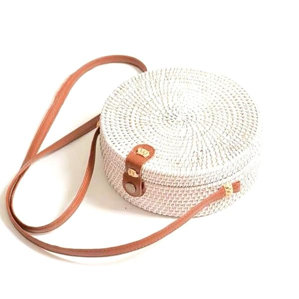 Handmade Kbinter Round Rattan Bag for Women - Chic Boho Shoulder Purse with Leather Straps - Large White Bali Style
