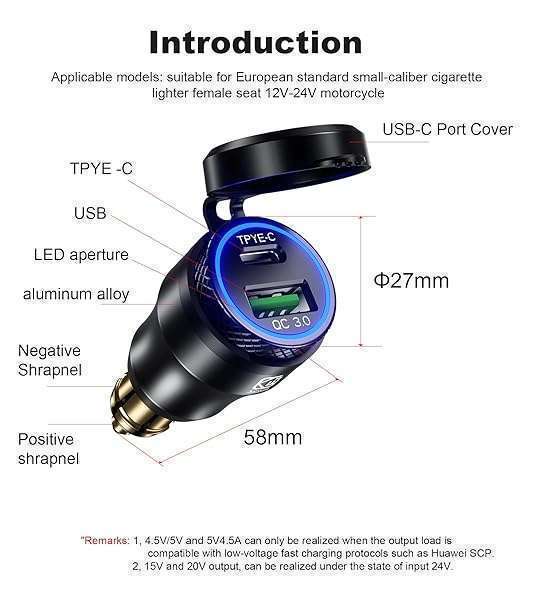 Kewig Aluminum DIN Hella Plug to Dual QC3.0 USB & Type-C Quick Charger Waterproof Adapter for 12V-24V BMW Ducati Triumph Motorcycle Hella DIN Socket (Black with Blue Light) - Image 8