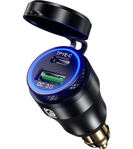 Kewig Aluminum DIN Hella Plug to Dual QC3.0 USB & Type-C Quick Charger Waterproof Adapter for 12V-24V BMW Ducati Triumph Motorcycle Hella DIN Socket (Black with Blue Light) - Image 3