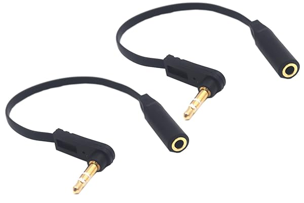 Kework 15cm 1/8 Inch 3.5mm TRS Jack Extension Audio Flat Cable 2 Pack 90 Degree Angle Male to Female Headphone AUX Cord