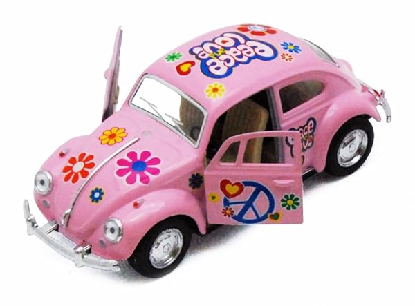 KiNSMART 1967 Volkswagen Beetle Pink Die Cast Model Car with Peace Love Decals 1:36 Scale Pullback Action Toy