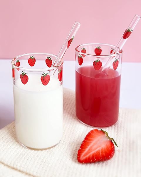 Kreapa strawberry cups 2 Sets Cute glass strawberry cups 300ML straw glass cups, Cute strawberrys pattern glass bottles for water milk tea, coffee