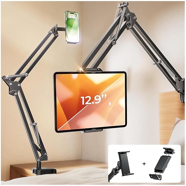 LISEN Ultra Sturdy Tablet Holder Stand for Desk Mount with Gooseneck Clamps Fits iPhone iPad Air Mini 7 Kindle 4-13 Inch Devices