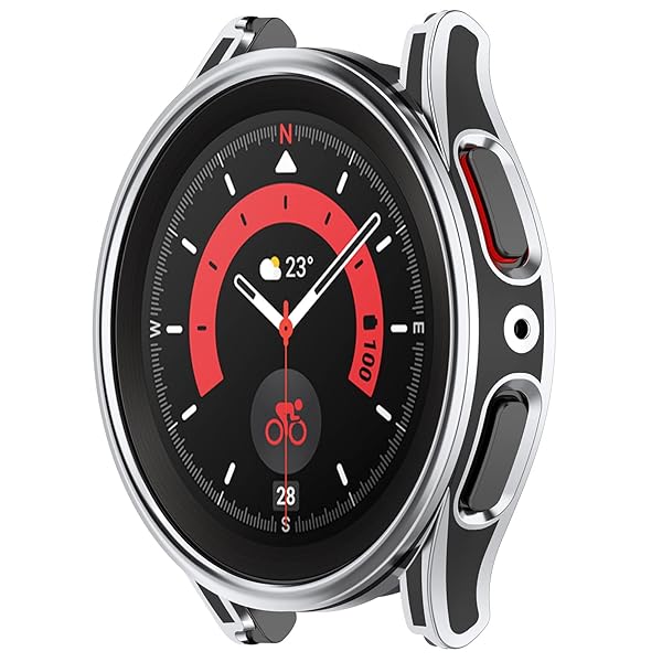 LOKEKE Compatible with Samsung Galaxy Watch 5 4 44MM PC Protective Watch Case Cover with Tempered Glass Screen Protector(Black + Silver)