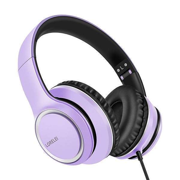 LORELEI LORELEI X8 Over-Ear Wired Headphones: Lightweight, Foldable, Tangle-Free with Microphone for Smartphones & Tablets (Dark Purple)