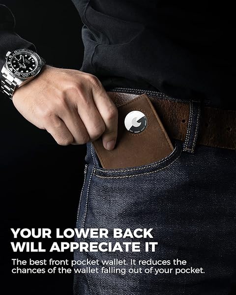 LORZOR AirTag Leather Wallet for Men, Bifold Full Grain Leather Minimalist Front Pocket RFID Blocking AirTag Mens Wallet with ID Window, Gift for - Image 2