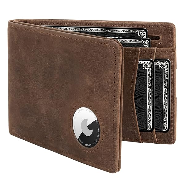 LORZOR AirTag Leather Wallet for Men, Bifold Full Grain Leather Minimalist Front Pocket RFID Blocking AirTag Mens Wallet with ID Window, Gift for