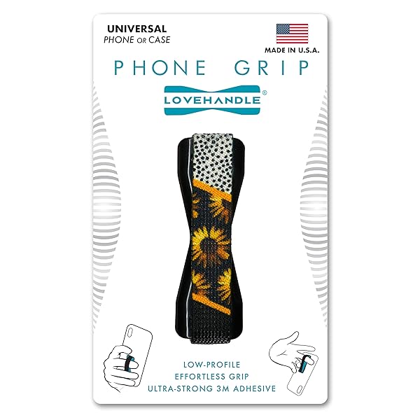 LOVEHANDLE Universal Phone Grip for Smartphones and Mini Tablets Wireless Charging Compatible Made in The USA Sunflower Chic