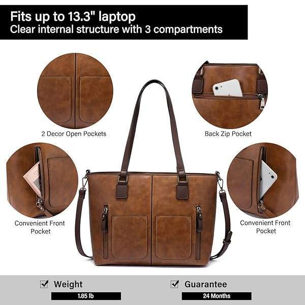 LOVEVOOK Vintage Leather Tote Bag for Women - Large Multi-Pocket Handbag & Designer Hobo Satchel in Brown - Image 9