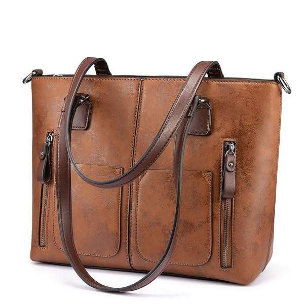 LOVEVOOK Vintage Leather Tote Bag for Women - Large Multi-Pocket Handbag & Designer Hobo Satchel in Brown - Image 2