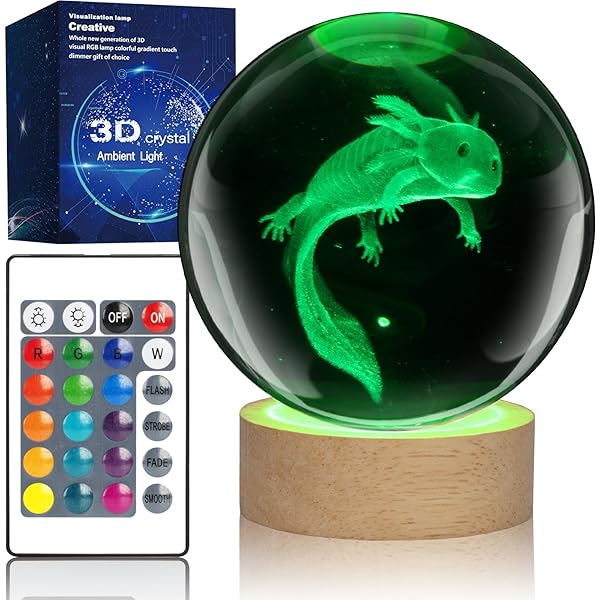 LQYHZCZQ 3D Axolotl Crystal Ball Night Light 16 Color LED Wooden Base Remote Control 3.15 Inch Home Decor Gift - Image 4
