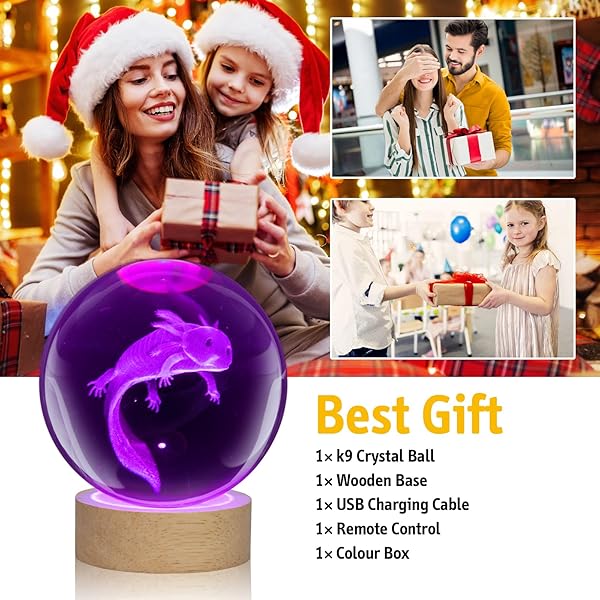 LQYHZCZQ 3D Axolotl Crystal Ball Night Light 16 Color LED Wooden Base Remote Control 3.15 Inch Home Decor Gift - Image 7
