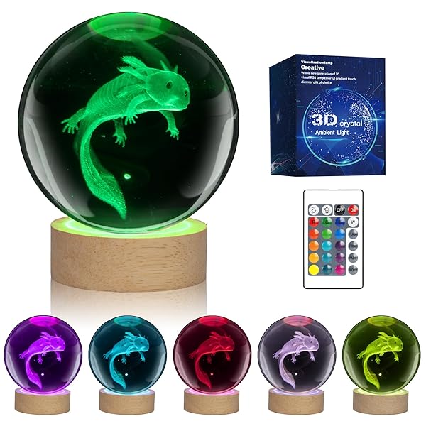 LQYHZCZQ 3D Axolotl Crystal Ball Night Light 16 Color LED Wooden Base Remote Control 3.15 Inch Home Decor Gift - Image 2