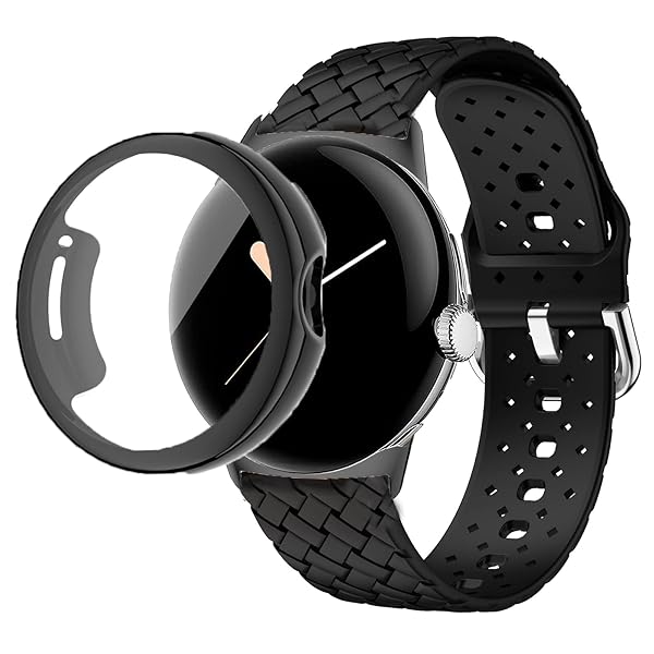 Lamshaw Compatible for Google Pixel Watch Case with Band, Silicone Braided Weave Sport Soft Replacement Straps + TPU Screen Case Compatible for