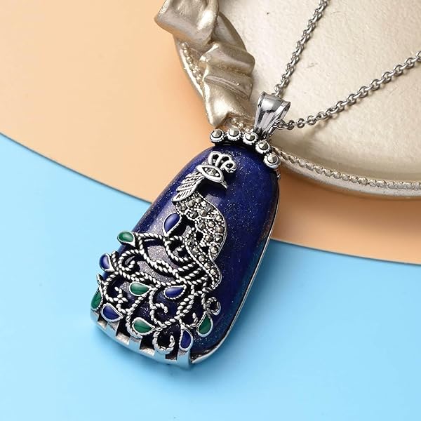 Lapis Lazuli Marcasite Enamel Peacock Pendant Necklace for Women Stainless Steel 20 Inch Delicate Jewelry Birthday Gifts - Image 4