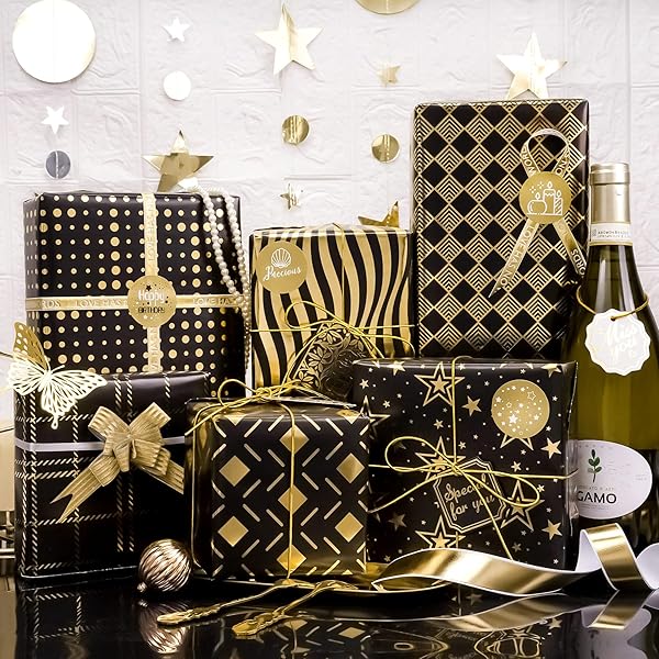 Larcenciel Metallic Black Gold Foil Gift Wrapping Paper Set 6 Sheets with Tags and Stickers for Birthdays Anniversaries and Graduations - Image 4