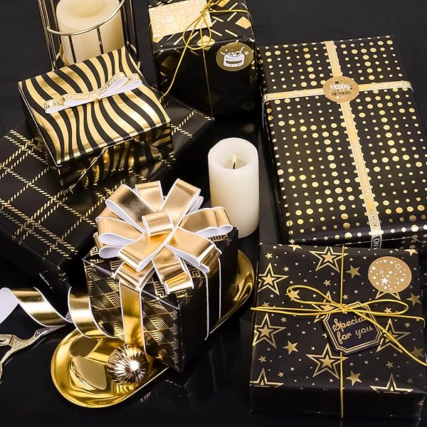 Larcenciel Metallic Black Gold Foil Gift Wrapping Paper Set 6 Sheets with Tags and Stickers for Birthdays Anniversaries and Graduations - Image 5