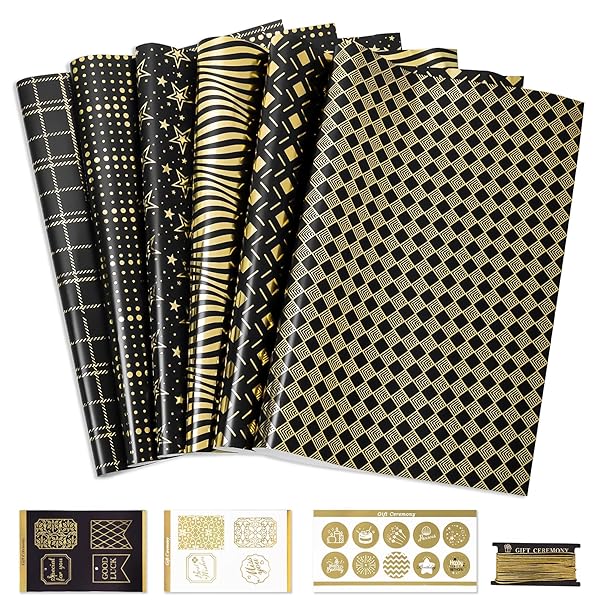 Larcenciel Metallic Black Gold Foil Gift Wrapping Paper Set 6 Sheets with Tags and Stickers for Birthdays Anniversaries and Graduations - Image 8
