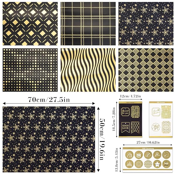 Larcenciel Metallic Black Gold Foil Gift Wrapping Paper Set 6 Sheets with Tags and Stickers for Birthdays Anniversaries and Graduations - Image 9