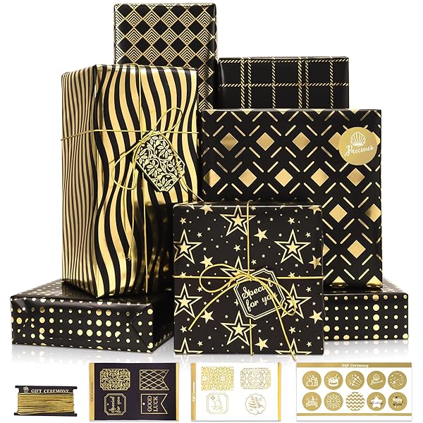 Larcenciel Metallic Black Gold Foil Gift Wrapping Paper Set 6 Sheets with Tags and Stickers for Birthdays Anniversaries and Graduations - Image 3